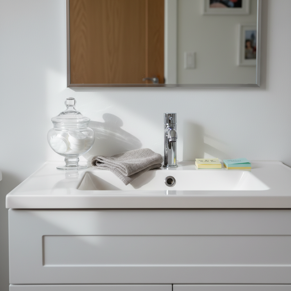 A simple white bathroom vanity with a clean porcelain sink, its surface precisely arranged with a clear glass jar of cotton rounds, a folded gray hand towel, and a small stack of pastel sticky notes labeled with tiny, reassuring reminders. The mirror above reflects a blurred, orderly hallway. Cool but gentle morning light enters from an unseen window, creating soft reflections on the faucet and faint shadows behind each object. Captured at a slightly elevated angle with a shallow depth of field, the image feels intimate and honest, evoking the quiet, methodical rituals of living with OCD and anxiety. The photographic realism and minimalist composition convey a professional yet deeply personal atmosphere of care and reflection.
