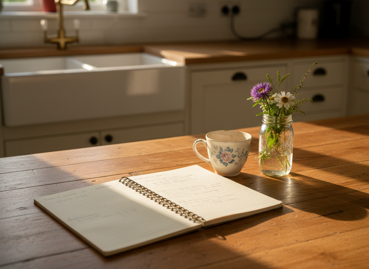 A well-worn farmhouse kitchen table made of honey-colored wood, its surface scattered with an open spiral notebook, a chipped floral mug, and a single sprig of wildflowers in a mason jar. In the background, a deep farmhouse sink and cream-painted cabinets are softly blurred. Late afternoon natural light pours through an unseen window, creating gentle highlights on the notebook pages and casting long, quiet shadows across the table. Photographed at eye level with a shallow depth of field, the scene feels calm, reflective, and inviting, embodying photographic realism with a slightly rustic, professional aesthetic that suggests everyday family storytelling and thoughtful writing.