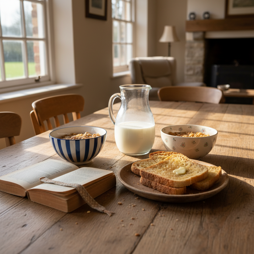 A farmhouse dining table set for a casual family breakfast, featuring three mismatched but coordinated cereal bowls, a vintage milk pitcher, and a plate with slightly uneven homemade toast. Beside one bowl, a small, dog-eared paperback novel lies open, with a bookmark peeking out. Sunlit windows cast warm morning light across the table, picking up crumbs and the fine grain of the wood while leaving the far end of the room softly blurred. Photographed at a three-quarter angle with moderate depth of field, the scene feels authentic and unposed, blending family life, bookish habits, and everyday writing. The photographic realism and balanced composition create a warm, professional mood grounded in real farm-household rhythms.